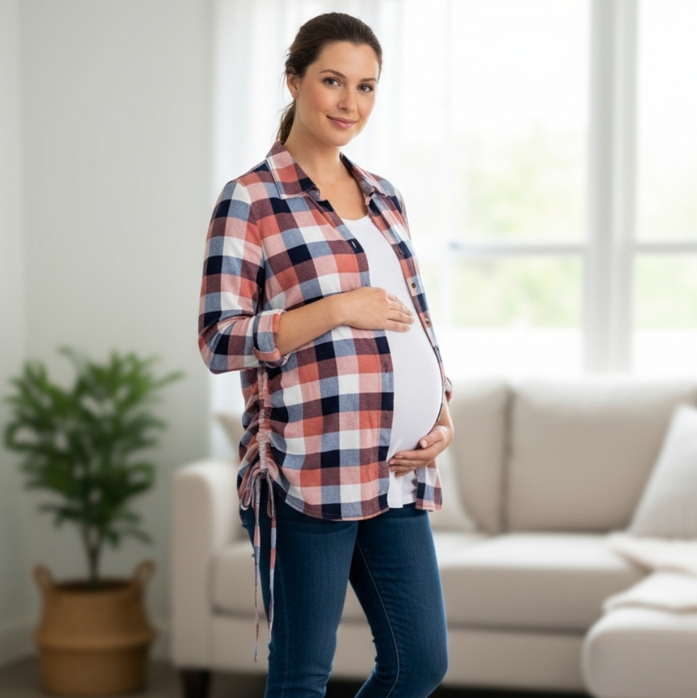 🤰🏽 5 For $25 Eden & Olivia Maternity Plaid Shirt in Pink and Navy